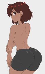 Rule 34 | 1girl, ajna (indivisible), ass, back, bike shorts, black eyes, blush, brown hair, convenient censoring, dark-skinned female, dark skin, female focus, from behind, grey background, hair ornament, huge ass, indivisible, jadf, looking at viewer, looking back, open mouth, shiny clothes, short hair, simple background, solo, topless