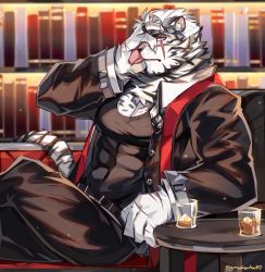 Rule 34 | 1boy, animal ears, arknights, bara, belt, black belt, black pants, blush, bookshelf, covered abs, cup, drunk, formal, furry, furry male, graysheartart, hand on own face, highres, jacket, leather, leather jacket, looking at viewer, male focus, mountain (arknights), mountain (dark cloud) (arknights), muscular, muscular male, official alternate costume, open clothes, open jacket, pants, pectoral cleavage, pectorals, scar, scar across eye, scar on face, short hair, solo, table, tiger boy, tiger ears, white fur, white hair