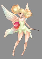 Rule 34 | 1girl, bad id, bad pixiv id, bare shoulders, barefoot, blonde hair, brown eyes, cherry, dragon&#039;s crown, dress, fairy, food, fruit, grey background, kawagoe pochi, legs, long hair, open mouth, pointy ears, solo, strapless, strapless dress, tiki (dragon&#039;s crown), twintails, wings