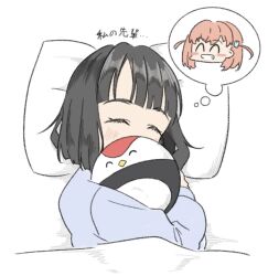 Rule 34 | 2girls, ^ ^, black hair, blue shirt, blunt bangs, blunt ends, blush, blush stickers, chibi, chibi inset, closed eyes, commentary request, covered mouth, crossed bangs, grin, hair ornament, head on pillow, highres, hinoshita kaho, hugging doll, hugging object, link! like! love live!, llkapital, long sleeves, love live!, lying, medium hair, momose ginko, multiple girls, on bed, on side, orange hair, rabbit hair ornament, shirt, short hair, sleeping, smile, solo focus, stuffed toy, thought bubble, translated, two side up, under covers, virtual youtuber, white background