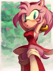 Rule 34 | 1girl, amy rose, armpits, arms behind head, arms up, blush, boots, bracelet, breasts, dress, green eyes, hairband, jewelry, large breasts, looking at viewer, shira-hedgie, sideboob, sonic (series), thighs