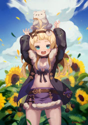 Rule 34 | 1girl, :d, animal, animal on head, arms up, black bow, black jacket, blonde hair, blue eyes, blush, bow, breasts, cloud, day, field, flower, flower field, fur-trimmed jacket, fur-trimmed skirt, fur trim, hair bow, hairband, highres, jacket, long hair, long sleeves, looking at viewer, midriff, navel, on head, open clothes, open mouth, original, outdoors, petals, pom pom (clothes), purple skirt, skirt, sky, small breasts, smile, solo, sooon, standing, sunflower, sunflower field, yellow flower