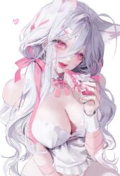 Rule 34 | 1girl, breasts, cake, cleavage, fangs, food, frills, grey hair, hair ornament, hair ribbon, hairclip, highres, holding, holding cake, holding food, large breasts, lips, long hair, looking at viewer, open mouth, original, pink eyes, ribbon, simple background, sketch, solo, tongue, uuzxw, white background