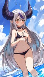 Rule 34 | 1girl, absurdres, ahoge, bare arms, bikini, black bikini, black collar, blush, cloud, collar, day, demon horns, dutch angle, flat chest, grey hair, hair between eyes, highres, hololive, horns, la+ darknesss, long hair, looking at viewer, multicolored hair, navel, o-ring, o-ring bikini, orobou, outdoors, parted lips, pointy ears, purple hair, sku, solo, stomach, streaked hair, swimsuit, very long hair, virtual youtuber, wading, water, yellow eyes