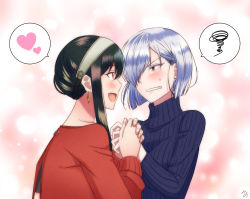 Rule 34 | 2girls, annoyed, blush, colored eyelashes, dress, earrings, embarrassed, fiona frost, gold earrings, hairband, heart, highres, holding hands, jewelry, looking at another, mizuno 12, multiple girls, off-shoulder sweater, off shoulder, open mouth, red sweater, short hair with long locks, smile, speech bubble, spoken heart, spoken squiggle, spy x family, squiggle, sweatdrop, sweater, sweater dress, two-sided fabric, white hairband, yor briar, yuri