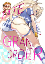 Rule 34 | 1boy, 1girl, ass, astolfo (fate), bent over, blonde hair, blue eyes, blue panties, blue shirt, blue socks, body writing, bradamante (fate), bradamante (festival outfit) (fate), braid, breasts, checkered clothes, checkered panties, checkered shirt, copyright name, crown braid, fate/apocrypha, fate/grand order, fate (series), hair between eyes, hair ornament, heroic spirit festival outfit, highres, kneehighs, large breasts, long hair, looking at viewer, looking back, open mouth, panties, pink hair, purple eyes, riyo (lyomsnpmp) (style), sami (object dump), sash, shirt, short sleeves, single braid, smile, socks, star (symbol), sword, thigh strap, thighs, trap, twintails, underwear, very long hair, weapon, white background, wristband