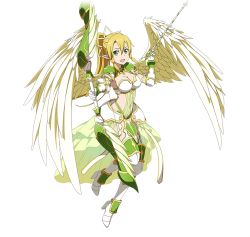 Rule 34 | 1girl, :d, angel wings, armor, armored boots, arrow (projectile), blonde hair, boots, bow (weapon), bra, breasts, cleavage, covered navel, feathered wings, floating hair, full body, green eyes, hair between eyes, hair ornament, high ponytail, holding, holding bow (weapon), holding weapon, large breasts, leafa, long hair, looking at viewer, open mouth, smile, solo, sword art online, thigh boots, thighhighs, transparent background, underwear, very long hair, weapon, white bra, white footwear, white wings, wings