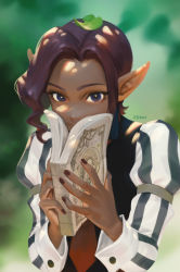 Rule 34 | 1boy, black nails, book, butler, commentary, covering face, cube (princess maker), dappled sunlight, dark-skinned female, dark-skinned male, dark elf, dark skin, day, elf, english commentary, forehead, highres, holding, holding book, jinwu (jinwudraw), leaf, leaf on head, making-of available, male focus, nail polish, necktie, pointy ears, princess maker (series), princess maker 1, princess maker 2, purple hair, red necktie, solo, sunlight, vest