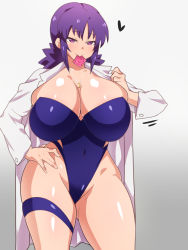 Rule 34 | 1girl, alternate breast size, bare legs, blue one-piece swimsuit, blush, breasts, cleavage, condom, condom in mouth, covered navel, creatures (company), curvy, dd (giogio99), game freak, gradient background, hand on own hip, hands on own hips, heart, highleg, highleg swimsuit, highres, lab coat, large breasts, looking at viewer, mouth hold, naughty face, nintendo, one-piece swimsuit, philena ivy, pokemon, pokemon (anime), pokemon (classic anime), purple eyes, purple hair, shiny skin, simple background, smile, solo, standing, strapless, strapless one-piece swimsuit, swimsuit, thighs, wide hips