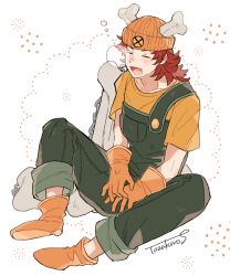 Rule 34 | 1boy, artist name, bone, boots, chain, closed eyes, copyright request, full body, gloves, male focus, nose bubble, open mouth, orange footwear, orange gloves, orange headwear, overalls, red hair, shirt, short sleeves, sitting, sleeping, tozakuro s, white background, yellow shirt