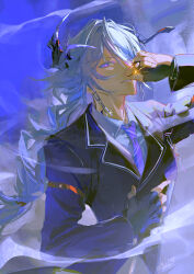 Rule 34 | 1boy, absurdres, arknights, asymmetrical gloves, black gloves, black jacket, blazer, blue hair, collared shirt, commentary, demon boy, demon horns, dust, earrings, english commentary, fingerless gloves, gloves, grin, half gloves, hand up, highres, horns, jacket, jewelry, light blue hair, long hair, looking at viewer, male focus, material growth, mismatched gloves, myluche, necktie, oripathy lesion (arknights), purple background, purple eyes, purple necktie, puzzle (arknights), shirt, signature, simple background, smile, solo, upper body, white shirt