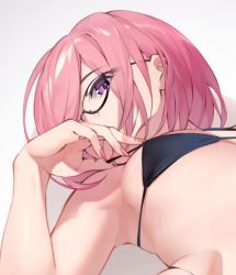 Rule 34 | 1girl, alternate costume, armpits, black bra, bra, bra pull, clothes pull, covering own mouth, fate/grand order, fate (series), glasses, hand over own mouth, mash kyrielight, nail polish, pink eyes, pink hair, short hair, solo, to gemichi, underwear, white background