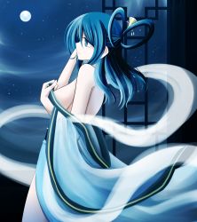 Rule 34 | 1girl, absurdres, alternate costume, bare back, bare shoulders, blue eyes, blue hair, breasts, commentary request, full moon, hair ornament, hair rings, hair stick, highres, hisin, japanese clothes, kaku seiga, kimono, large breasts, long hair, looking to the side, medium hair, moon, shawl, sideboob, solo, standing, touhou, undressing