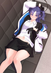 Rule 34 | 1girl, black gloves, black skirt, blazer, blue archive, blush, couch, drd (chdrd), feet out of frame, gloves, halo, highres, jacket, looking at viewer, lying, multicolored clothes, multicolored jacket, navel, on back, on couch, purple eyes, purple hair, shirt, skirt, solo, two-tone jacket, two side up, white shirt, yuuka (blue archive)