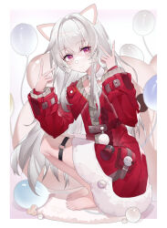 Rule 34 | 1girl, absurdres, animal ears, balloon, barefoot, brown sweater, cat ears, cat nose, clara (honkai: star rail), closed mouth, coat, double v, eyebrows hidden by hair, full body, hair between eyes, highres, honkai: star rail, honkai (series), light blush, long hair, looking at viewer, pink eyes, pouch, red coat, rug, simple background, smile, solo, squatting, sweater, thigh strap, user dodder7777, v, whiskers, white hair