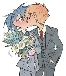Rule 34 | 2boys, alternate costume, alternate hairstyle, blonde hair, blue hair, blush, bouquet, closed eyes, collared shirt, dramatical murder, flower, formal, grey jacket, grey pants, groom, hand in pocket, hand on another&#039;s waist, highres, holding, holding bouquet, husband and husband, jacket, kiss, long sleeves, male focus, meremero, multiple boys, necktie, noiz (dramatical murder), pants, ponytail, red necktie, seragaki aoba, shirt, short hair, simple background, suit, surprised, white background, white shirt, yaoi, yellow eyes