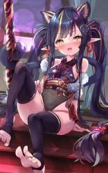 Rule 34 | 1girl, animal ears, black hair, black leotard, black thighhighs, box, cat ears, cat girl, cat tail, covered navel, donation box, feet, fur trim, groin, hair ornament, highleg, highleg leotard, highres, holding, holding with tail, japanese clothes, kimono, knee up, leaning back, leg up, legs, leotard, leotard under clothes, long hair, long tail, multicolored hair, multicolored nails, nail polish, nyahu (nyahu 77), off shoulder, open mouth, original, outdoors, pointy ears, prehensile tail, purple kimono, rope, shirt, short kimono, sitting, sleeveless, sleeveless kimono, smile, soles, solo, streaked hair, tail, thighhighs, thighs, toeless legwear, toenail polish, toenails, toes, twintails, very long hair, yellow eyes
