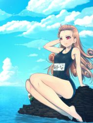 Rule 34 | 1boy, 1girl, alena (dq4), barefoot, brown hair, chunsoft, clift, dragon quest, dragon quest iv, enix, feet, flat chest, highres, legs, lips, long hair, mahito, name tag, one-piece swimsuit, red eyes, school swimsuit, smile, swimsuit
