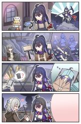 Rule 34 | 4girls, 4koma, :o, ^ ^, absurdres, ahoge, anger vein, arm scarf, black gloves, black jacket, blonde hair, blue eyes, blue scarf, blush, book, book on head, breasts, bronya rand, closed eyes, comic, commentary, couple, crying, earrings, english commentary, gloves, grey hair, hand on own hip, heart, high ponytail, highres, holding, holding hands, holding microphone, holding mop, honkai: star rail, honkai (series), hook (honkai: star rail), jacket, jewelry, long hair, looking at another, microphone, mop, multiple girls, no eyes, no mouth, nodgilmo573, object on head, open clothes, open jacket, open mouth, outdoors, ponytail, scarf, scythe, seele (honkai: star rail), shirt, sleeping, small breasts, standing, stelle (honkai: star rail), swing, trailblazer (honkai: star rail), trash can, white shirt, window, yuri, zzz