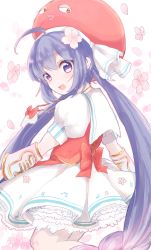 Rule 34 | 1girl, :d, absurdres, ahoge, animal hat, blue eyes, blue hair, blush, cherry blossoms, dress, hat, highres, long hair, looking at viewer, looking back, n03+, no3+, open mouth, otomachi una, petals, puffy short sleeves, puffy sleeves, short sleeves, simple background, smile, solo, twintails, twitter username, very long hair, vocaloid, white background
