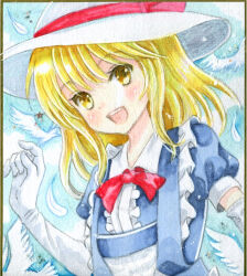 Rule 34 | 1girl, :d, apron, bird, blonde hair, bow, bowtie, center frills, collared dress, commentary request, dress, dutch angle, elbow gloves, flat chest, frilled dress, frills, gloves, hajike akira, hat, hat bow, highres, kana anaberal, medium hair, open mouth, puffy short sleeves, puffy sleeves, red bow, red bowtie, short sleeves, smile, solo, sun hat, teeth, touhou, touhou (pc-98), traditional media, upper teeth only, white apron, white bird, white gloves, white hat, yellow eyes
