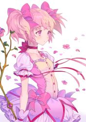 Rule 34 | bow, bow (weapon), bubble skirt, flower, gloves, inzup, kaname madoka, magical girl, mahou shoujo madoka magica, mahou shoujo madoka magica (anime), petals, pink eyes, pink hair, ribbon, rose, rose petals, short hair, simple background, skirt, solo, weapon