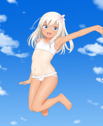 Rule 34 | 1girl, absurdres, barefoot, bikini, blonde hair, blue eyes, blue sky, cloud, commentary request, flat chest, flower, full body, hair flower, hair ornament, highres, huge filesize, jumping, kantai collection, long hair, looking at viewer, one-piece tan, ro-500 (kancolle), sc naru, sky, smile, solo, swimsuit, tan, tanline, waving, white bikini