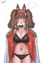 Rule 34 | 1girl, angelina (arknights), animal ear fluff, animal ears, arknights, bikini, black bikini, black gloves, blue eyes, breasts, brown eyes, brown hair, cleavage, closed mouth, collar, collarbone, cowboy shot, embarrassed, fourtwelve, fox ears, gloves, hairband, highres, infection monitor (arknights), jacket, lace, lace-trimmed bikini, lace trim, looking at viewer, navel, open clothes, open jacket, open mouth, red hairband, red jacket, side-tie bikini bottom, sidelocks, signature, simple background, solo, stomach, swimsuit, twintails, undressing, white background, wide-eyed