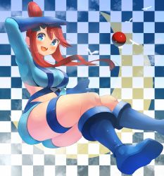 Rule 34 | 1girl, blue eyes, blue gloves, boots, checkered background, creatures (company), crop top, elbow gloves, game freak, gloves, gym leader, kazo (kazozakazo), long hair, long sleeves, looking at viewer, midriff, nintendo, open mouth, poke ball, pokemon, red hair, shorts, skyla (pokemon), smile, solo, thigh strap, thighs