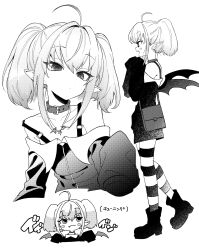 1girl absurdres ahoge bare_shoulders bat_wings black_jacket boots chibi choker collarbone cropped_torso fang flat_chest from_side full_body greyscale highres jacket looking_at_viewer makaino_ririmu makaino_ririmu_(2nd_costume) medium_hair monochrome multiple_views nijisanji off-shoulder_jacket off_shoulder otetenochan pointy_ears sleeves_past_fingers sleeves_past_wrists standing striped_clothes striped_thighhighs thighhighs twintails wings