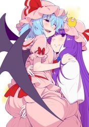 Rule 34 | 2girls, ;), ;d, arm garter, ass grab, bat wings, blue bow, blue hair, blush, bow, capelet, crescent, dress, eichi yuu, hair bow, hair ribbon, hat, hat ribbon, hug, long hair, long sleeves, looking at another, mob cap, multiple girls, one eye closed, open mouth, patchouli knowledge, pink dress, pink shirt, pink skirt, pointy ears, puffy short sleeves, puffy sleeves, purple eyes, purple hair, red bow, red eyes, red ribbon, remilia scarlet, ribbon, sash, shirt, short sleeves, skirt, skirt set, smile, touhou, tress ribbon, upper body, wide sleeves, wings, yuri