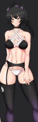 Rule 34 | 1girl, alternate hairstyle, animal ears, bikini, black background, black bikini, black bra, black hair, blake belladonna, blush, bra, breasts, cameltoe, cat ears, cat girl, choker, cleavage, collarbone, cropped, feet out of frame, female focus, garter belt, garter straps, highres, large breasts, lingerie, looking at viewer, navel, ponytail, rwby, seductive smile, simple background, smile, solo, stomach, swimsuit, tabletknight, thick thighs, thighhighs, thighs, third-party edit, toned, underwear, yellow eyes