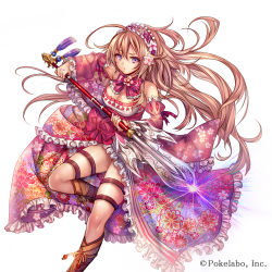 Rule 34 | 1girl, ahoge, arm up, bare shoulders, bow, bowtie, breasts, brown hair, cleavage, company name, detached sleeves, dress, floral print, flower, foreshortening, frilled dress, frills, glowing, glowing weapon, hair between eyes, hair flower, hair ornament, hairband, holding, holding polearm, holding spear, holding weapon, long hair, looking at viewer, madogawa, official art, polearm, purple eyes, sengoku gensoukyoku, simple background, solo, spear, tassel, two-handed, weapon, white background, wide sleeves