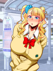 Rule 34 | 1girl, :o, asymmetrical hair, blazer, blonde hair, blue eyes, blunt bangs, blush, bow, bowtie, breasts, buttons, cleavage, collared shirt, colored eyelashes, earrings, eyebrows, full-face blush, galko, hair bun, hair ornament, highres, huge breasts, itachou, jacket, jewelry, long hair, long sleeves, looking at viewer, makeup, one side up, oshiete! galko-chan, outdoors, parted lips, red bow, red bowtie, school uniform, shirt, side bun, side ponytail, single hair bun, solo, standing, upper body, wavy hair