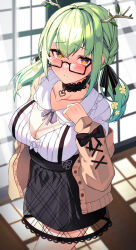 Rule 34 | 1girl, antlers, black-framed eyewear, branch, breasts, ceres fauna, cleavage, dress, flower, glasses, green hair, hair flower, hair ornament, highres, hololive, hololive english, horns, large breasts, lessone, long hair, looking at viewer, mole, mole under eye, multicolored hair, rectangular eyewear, semi-rimless eyewear, solo, sweater, under-rim eyewear, virtual youtuber, yellow eyes