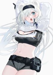 Rule 34 | 1girl, absurdres, animal ears, arknights, arms up, aurora (arknights), bear ears, belt, black belt, black hairband, black shirt, blue eyes, breasts, cleavage, cleavage cutout, clothing cutout, commentary request, cowboy shot, crop top, cropped jacket, grey background, grey shorts, hairband, highres, jacket, large breasts, long hair, looking at viewer, mare funo, midriff, navel, one eye closed, open mouth, pouch, shirt, short shorts, shorts, simple background, solo, standing, stomach, very long hair, white hair, white jacket