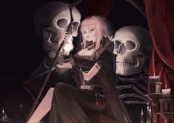 Rule 34 | 1girl, absurdres, black dress, breasts, candlestand, cleavage, dress, highres, hololive, hololive english, long hair, looking at viewer, mori calliope, pink hair, red eyes, scythe, skull, solo, tiara, veil, virtual youtuber, wiji