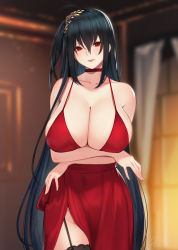 Rule 34 | 1girl, ahoge, azur lane, bare shoulders, black hair, black thighhighs, blush, breast hold, breasts, choker, cocktail dress, collarbone, dress, garter straps, hair between eyes, hair ornament, hayabusa (vert 320), head tilt, highres, huge breasts, indoors, long hair, looking at viewer, mole, mole on breast, mole on stomach, official alternate costume, parted lips, red choker, red dress, red eyes, signature, solo, standing, taihou (azur lane), taihou (forbidden feast) (azur lane), thighhighs, very long hair