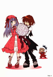 Rule 34 | 00s, 1boy, 2girls, :d, ^ ^, azuma mayumi, blush, bouquet, brown hair, cisqua, closed eyes, coud van giruet, couple, cross-laced footwear, dress, elemental gelade, empty eyes, flower, formal, full body, green eyes, highres, long hair, looking at viewer, multiple girls, non-web source, o o, open mouth, purple hair, red eyes, red hair, reverie metherlence, short hair, simple background, smile, standing, suit, surprised, white background