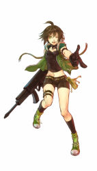 Rule 34 | 1girl, ahoge, armband, bad id, bad pixiv id, brown hair, fanny pack, finger gun, goggles, goggles around neck, green eyes, gun, kneehighs, midriff, navel, open mouth, original, pointing, senano-yu, shoes, shorts, smile, sneakers, socks, solo, thigh strap, weapon
