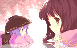 Rule 34 | 2girls, black eyes, black hair, bowl, bowl hat, bug, butterfly, covering own mouth, hat, houraisan kaguya, insect, japanese clothes, long hair, looking at another, mini person, minigirl, multiple girls, pink background, purple eyes, purple hair, reeh (yukuri130), seigaiha, short hair, sukuna shinmyoumaru, touhou, white background, wide sleeves