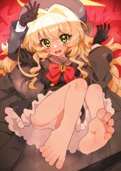 Rule 34 | 1girl, barefoot, bed sheet, black coat, black gloves, black hat, black sailor collar, black serafuku, black shirt, black skirt, blonde hair, blue archive, coat, commentary request, crossed bangs, feet, foot focus, frilled skirt, frills, frown, fuji tarawi, gloves, green eyes, hair intakes, hat, highres, light blush, long hair, long sleeves, looking at viewer, neck ribbon, no legwear, on bed, open mouth, panties, pantyshot, professor niyaniya (blue archive), red ribbon, ribbon, sailor collar, sailor shirt, school uniform, serafuku, sheet grab, shirt, skirt, smell, soles, solo, steam, steaming body, sweat, tears, toenails, toes, underwear, unworn coat, wavy hair, wavy mouth, white panties