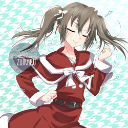 Rule 34 | 1girl, artist name, belt, bow, character name, commentary request, eighth note, closed eyes, green hair, hair bow, inaba shiki, kantai collection, musical note, official alternate costume, one-hour drawing challenge, patterned background, santa costume, smile, solo, upper body, zui zui dance, zuikaku (kancolle), zuikaku kai ni (kancolle)