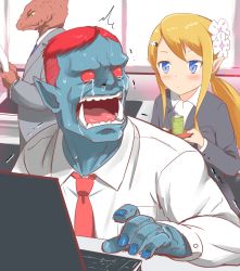 Rule 34 | 1girl, 2boys, blonde hair, blue eyes, blue skin, business suit, colored skin, commentary, crying, crying with eyes open, cup, dress shirt, elf, flower, formal, furry, furry male, hair flower, hair ornament, lizardman, long hair, md5 mismatch, multiple boys, mushi gyouza, original, pointy ears, ponytail, red eyes, red hair, shirt, suit, tea, tears, tray, yunomi
