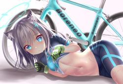 Rule 34 | 1girl, :o, absurdres, animal ear fluff, animal ears, bicycle, bike jersey, bike shorts, blue archive, blue eyes, blush, breasts, cat ears, clothes lift, commentary request, cross hair ornament, cycling uniform, gloves, green gloves, grey hair, groin, hair between eyes, hair ornament, halo, highres, lifted by self, looking at viewer, lying, medium hair, mismatched pupils, nadzuki kanae, navel, official alternate costume, on side, partial commentary, shadow, shiroko (blue archive), shiroko (cycling) (blue archive), shirt, shirt lift, short sleeves, sidelocks, simple background, small breasts, solo, stomach, sweat, white background