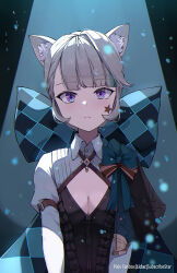 Rule 34 | 1girl, animal ear fluff, animal ears, argyle, argyle bow, argyle clothes, black shirt, blue bow, blush, bow, breasts, cleavage, closed mouth, commentary request, facial mark, frilled shirt, frills, genshin impact, grey hair, highres, juliet sleeves, liclac, long sleeves, looking at viewer, lynette (genshin impact), puffy sleeves, purple eyes, shirt, shrug (clothing), small breasts, solo, star (symbol), upper body