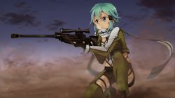 Rule 34 | 1girl, anti-materiel rifle, aqua hair, black gloves, black shorts, blue eyes, blue sky, bolt action, cloud, crop top, dust, fingerless gloves, gloves, green jacket, green legwear, gun, hair between eyes, hair ornament, hairclip, highres, holding, holding gun, holding weapon, jacket, leotard, on one knee, open clothes, open jacket, outdoors, parted lips, pgm hecate ii, rifle, scarf, short hair, short shorts, shorts, sidelocks, sinon, sky, sniper rifle, solo, sword art online, taka-chan, thigh strap, v-shaped eyebrows, weapon, white leotard, white scarf