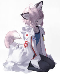 Rule 34 | 1girl, ahoge, animal ears, arknights, black choker, black pantyhose, blue shirt, choker, cloak, closed eyes, closed mouth, cross, fox ears, fox girl, fox tail, full body, head tilt, highres, material growth, medic, medium hair, open cloak, open clothes, oripathy lesion (arknights), pantyhose, pink hair, red cross, seiza, shirt, simple background, sitting, solo, sussurro (arknights), tail, timitarcat, white background, white cloak