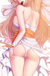 Rule 34 | 1girl, ass, ass grab, back, bed sheet, bow, breast press, breasts, bridal veil, candy, chocolate, chocolate bar, commentary, dakimakura (medium), dress, english commentary, flower, fnc (girls&#039; frontline), fnc (strawberry cake &amp; garden cosmos) (girls&#039; frontline), food, food in mouth, girls&#039; frontline, grabbing own ass, head out of frame, highres, long hair, lying, medium breasts, official alternate costume, on stomach, orange bow, orange flower, orange hair, panties, shoulder blades, solo, thighs, underwear, veil, wedding dress, white dress, white panties, wrist cuffs, z.taiga