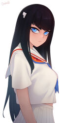 Rule 34 | 1girl, alternate costume, artist name, black hair, blue eyes, blue neckerchief, breasts, closed mouth, commentary, cowboy shot, darahan, english commentary, from side, hair ornament, hairclip, junketsu, kill la kill, kiryuuin satsuki, large breasts, long hair, looking at viewer, neckerchief, pleated skirt, sailor collar, senketsu, shirt, short sleeves, simple background, skirt, solo, white sailor collar, white shirt, white skirt